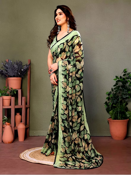 Daily Wear Printed Georgette Saree-Green-5