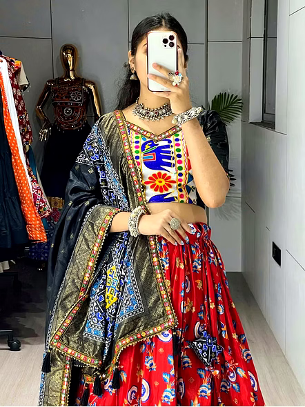 Dola Silk Patola Lehenga With Gamthi Work Border-Red-4