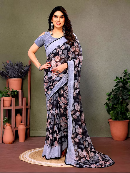 Daily Wear Printed Georgette Saree-Grey-1
