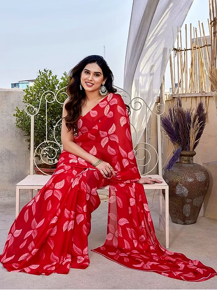 Georgette Saree with Lace-Red-3