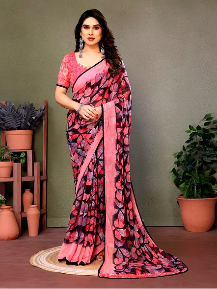 Daily Wear Printed Georgette Saree-Pink-1
