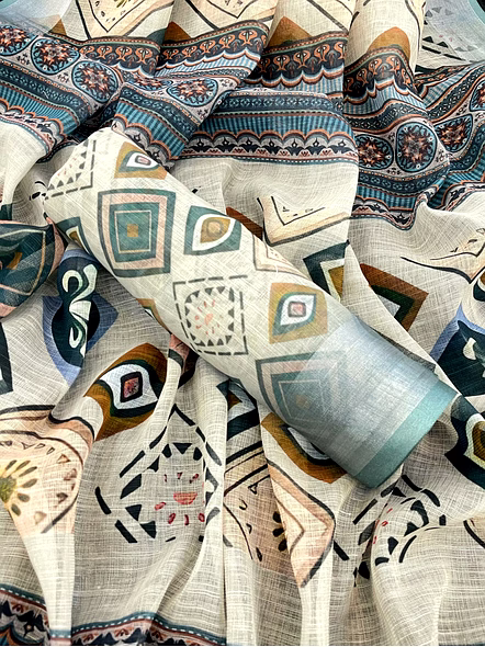 Digital Print Linen Saree with Stylish Latkan-Black-2