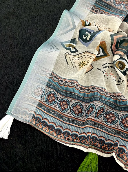 Digital Print Linen Saree with Stylish Latkan-Black-5