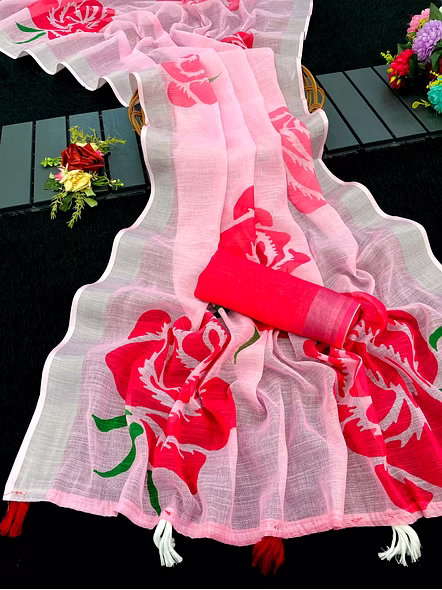 Digital Print Linen Saree with Stylish Latkan-Pink-1
