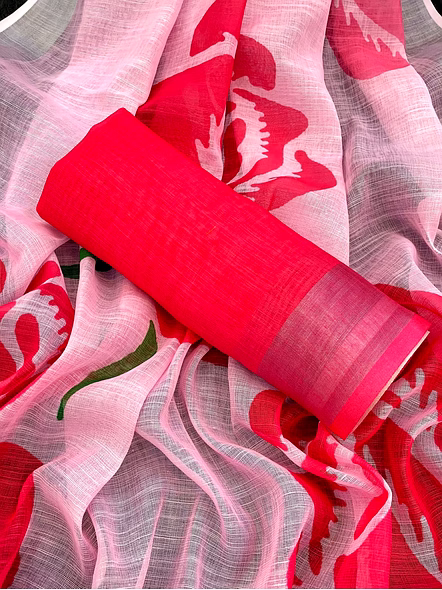 Digital Print Linen Saree with Stylish Latkan-Pink-3