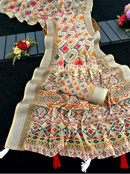 Digital Print Linen Saree with Stylish Latkan-White-1