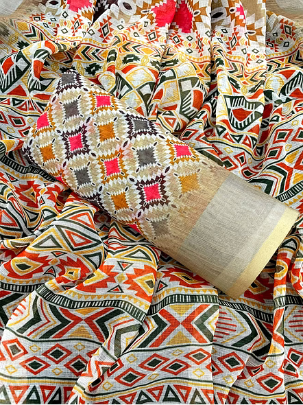 Digital Print Linen Saree with Stylish Latkan-White-3