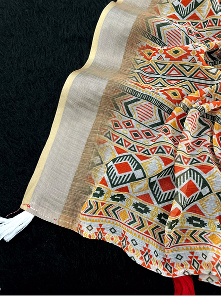 Digital Print Linen Saree with Stylish Latkan-White-5