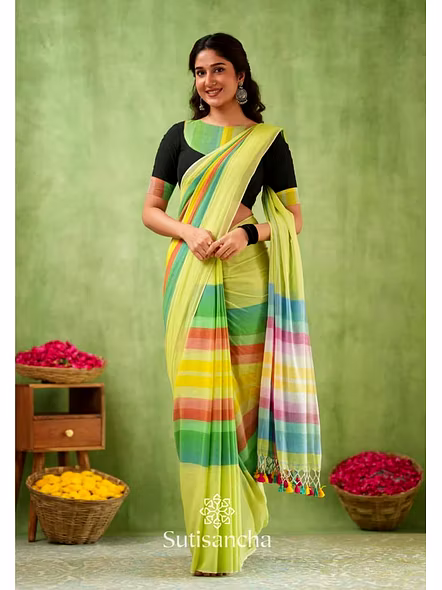 MultiColor Mul Cotton Magic Saree-Yellow-1
