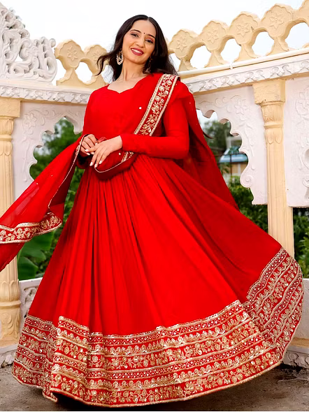 Red Georgette Gown with Sequence Work-Red-M