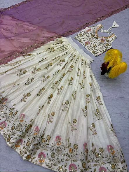 Chinon Silk Lehenga Choli-White-M