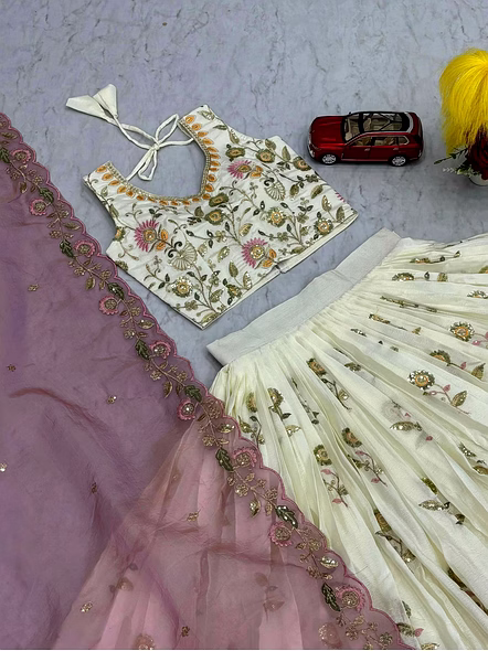 Chinon Silk Lehenga Choli-White-M-2