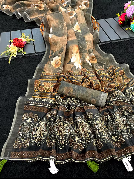 Digital Print Linen Saree with Latkan