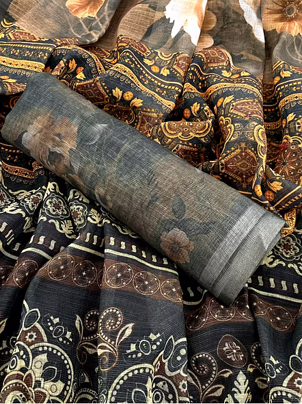Digital Print Linen Saree with Latkan-Brown
