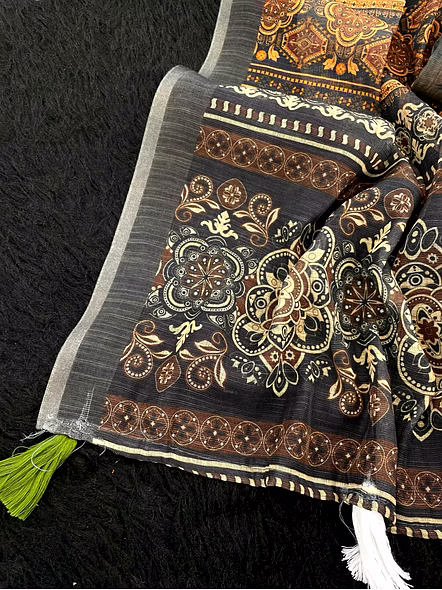 Digital Print Linen Saree with Latkan-Brown-2
