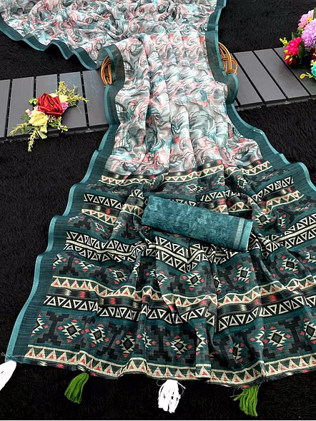 Digital Print Linen Saree with Latkan-ANSHITA_Cyan
