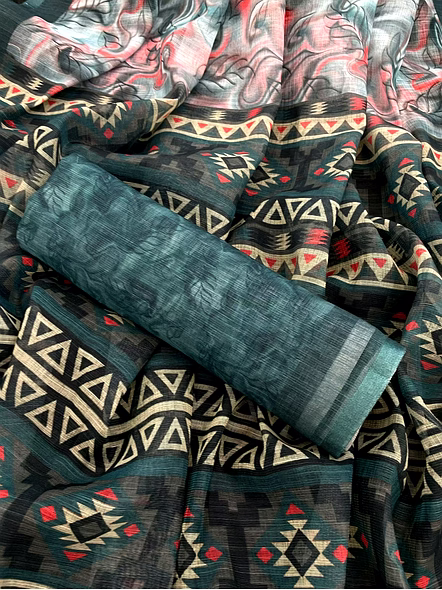 Digital Print Linen Saree with Latkan-Cyan-1