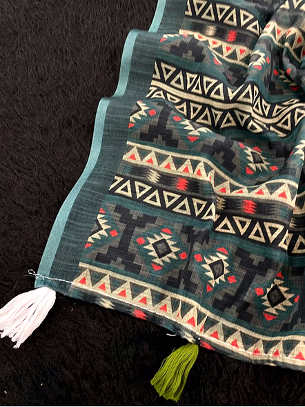 Digital Print Linen Saree with Latkan-Cyan-2