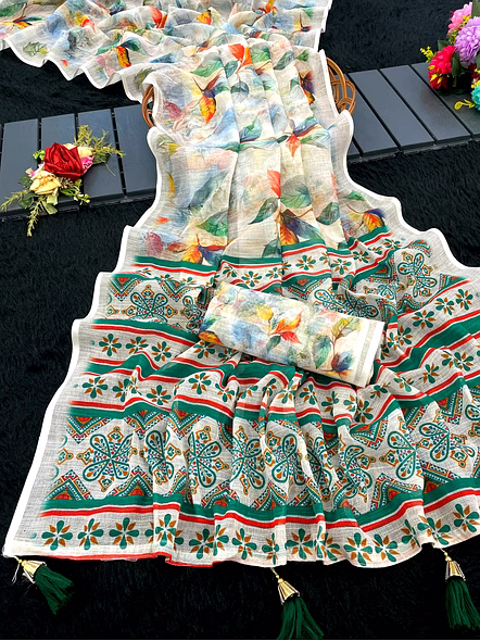 Digital Print Linen Saree with Latkan-ANSHITA_White
