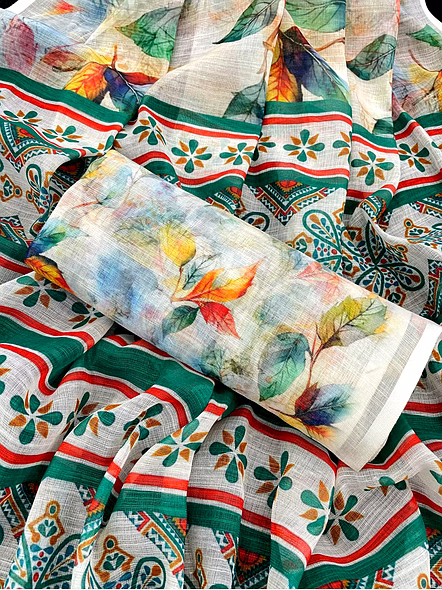 Digital Print Linen Saree with Latkan-White-1