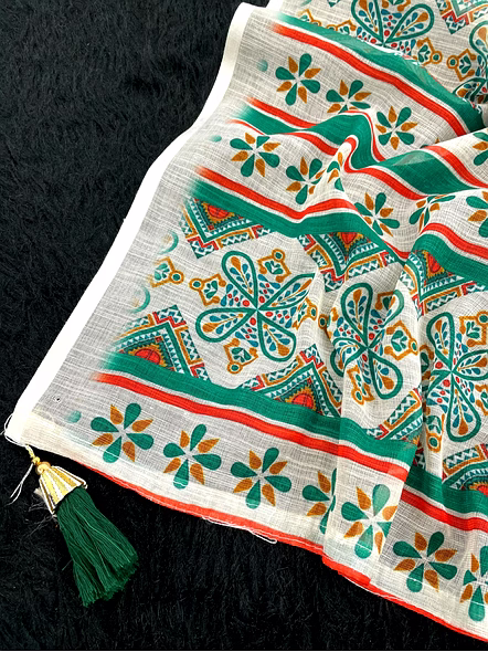 Digital Print Linen Saree with Latkan-White-2
