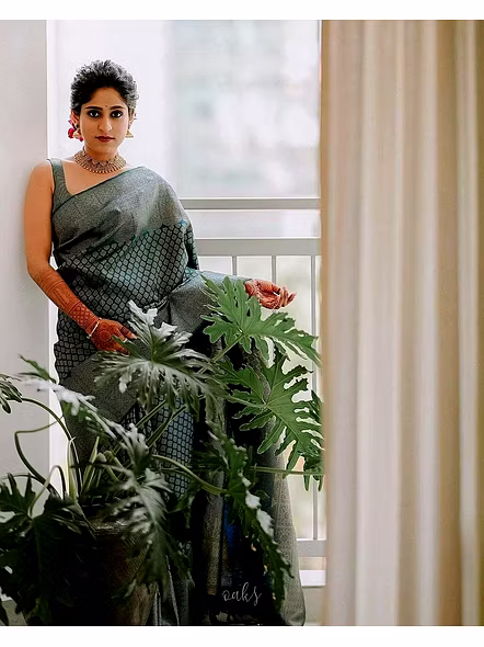 Green Color Soft Banarasi Silk Saree with Silver Zari Work