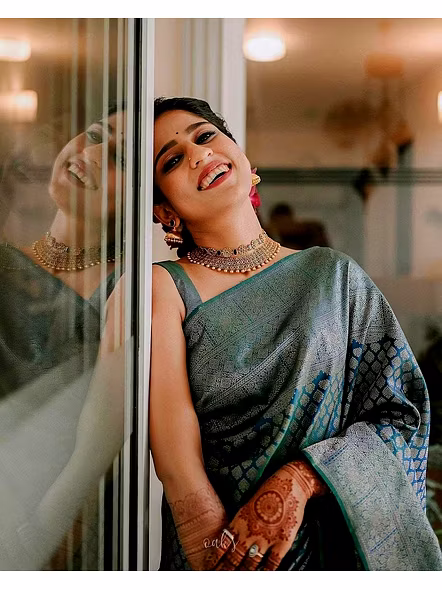 Green Color Soft Banarasi Silk Saree with Silver Zari Work-Green