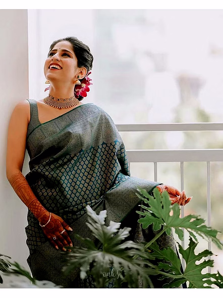 Green Color Soft Banarasi Silk Saree with Silver Zari Work-Green-2