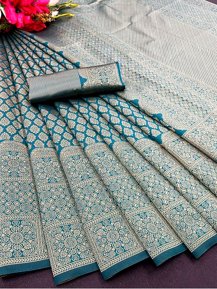 Green Color Soft Banarasi Silk Saree with Silver Zari Work-Green-4