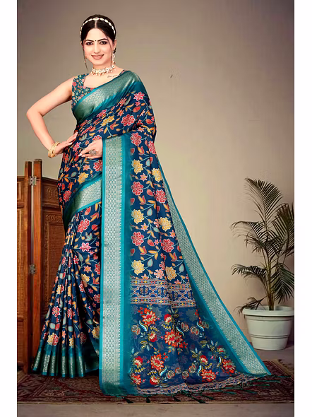 Cotton Silk Digital Printed With Fancy Tassels Saree