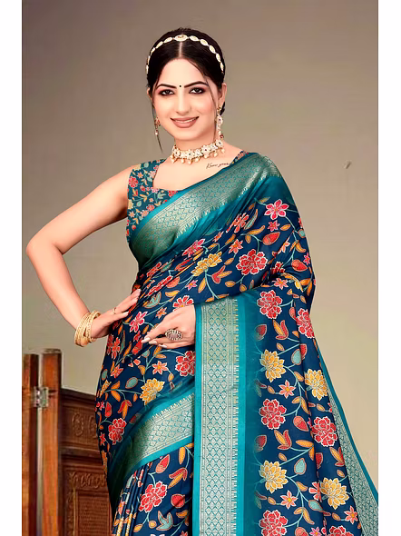 Cotton Silk Digital Printed With Fancy Tassels Saree-Blue