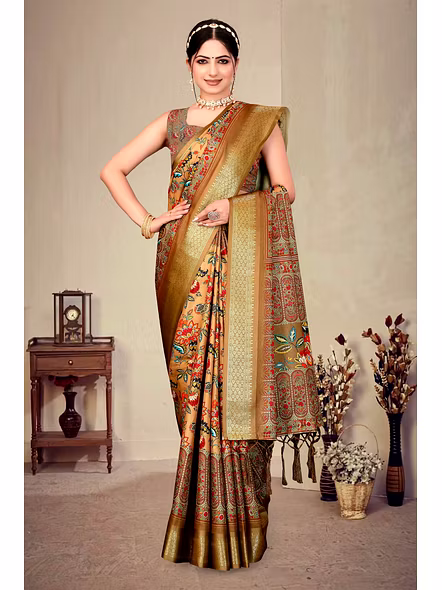 Cotton Silk Digital Printed Saree-Brown