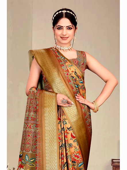 Cotton Silk Digital Printed Saree-Brown-2