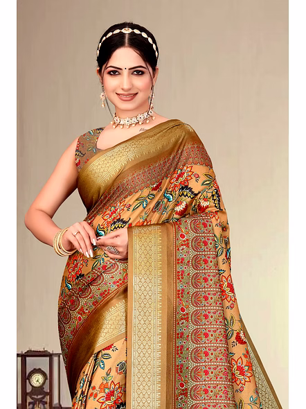 Cotton Silk Digital Printed Saree-Brown-3
