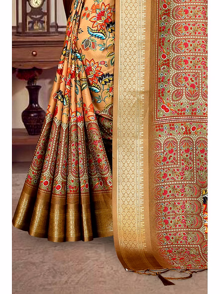 Cotton Silk Digital Printed Saree-Brown-4