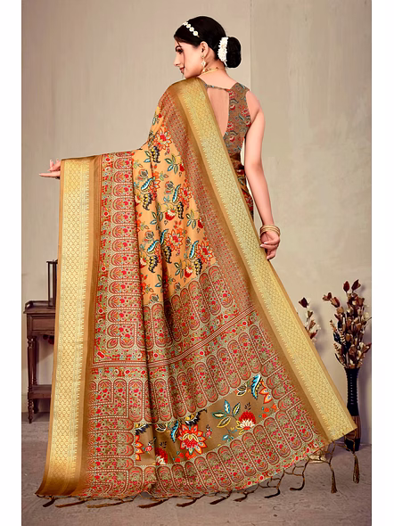 Cotton Silk Digital Printed Saree-Brown-5