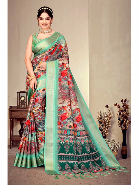 Cotton Silk Digital Printed Saree-AXALI_D2_Cyan