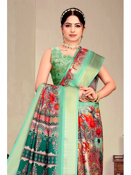 Cotton Silk Digital Printed Saree-Cyan-2