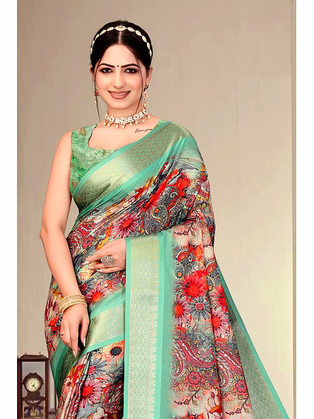 Cotton Silk Digital Printed Saree-Cyan-3
