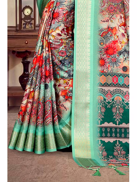 Cotton Silk Digital Printed Saree-Cyan-4