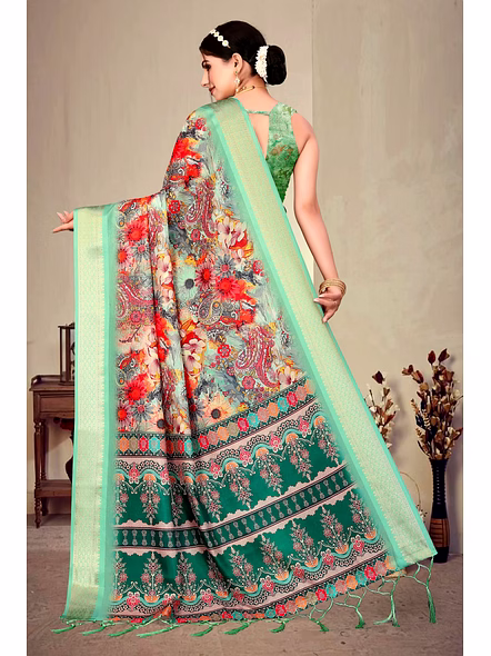 Cotton Silk Digital Printed Saree-Cyan-5