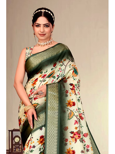 Cotton Silk Digital Printed Saree-Green-1