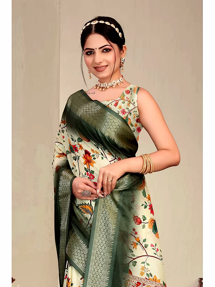 Cotton Silk Digital Printed Saree-Green-2