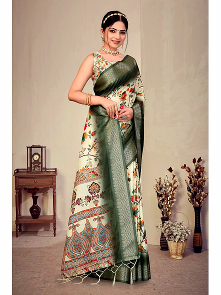 Cotton Silk Digital Printed Saree-Green-3