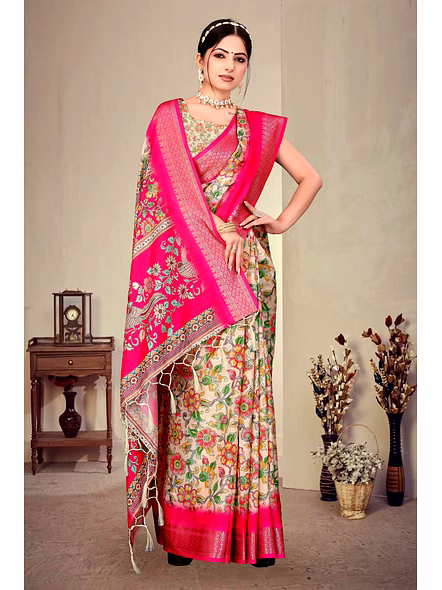 Cotton Silk Digital Printed Saree-Pink-1