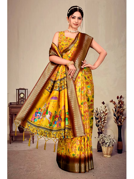 Cotton Silk Digital Printed Saree-Yellow-1