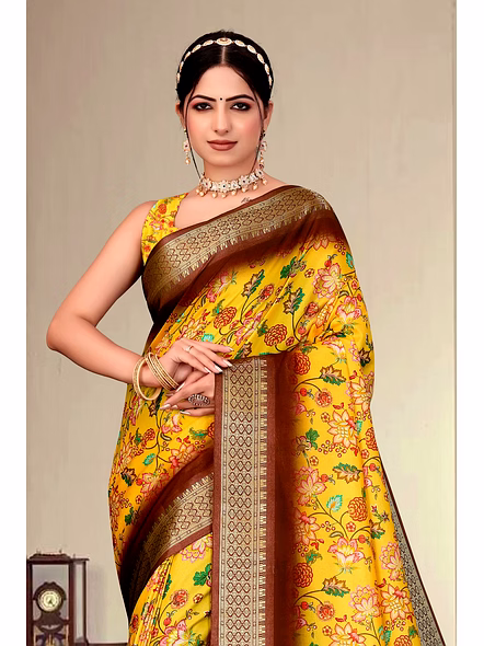 Cotton Silk Digital Printed Saree-Yellow-3