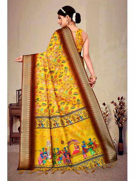 Cotton Silk Digital Printed Saree-Yellow-5