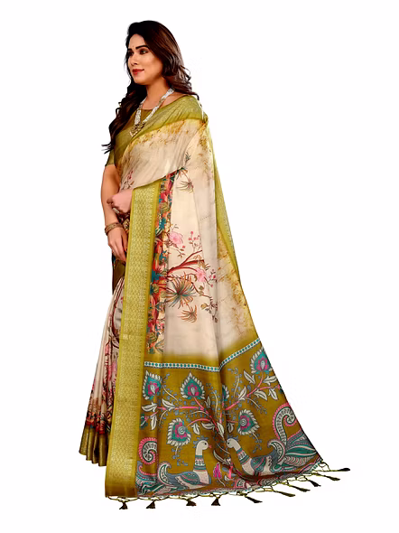 Cotton Silk Digital Printed Saree-Olive