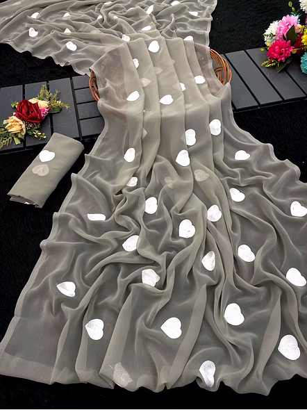 Georgette Embroidery Heart Work Saree